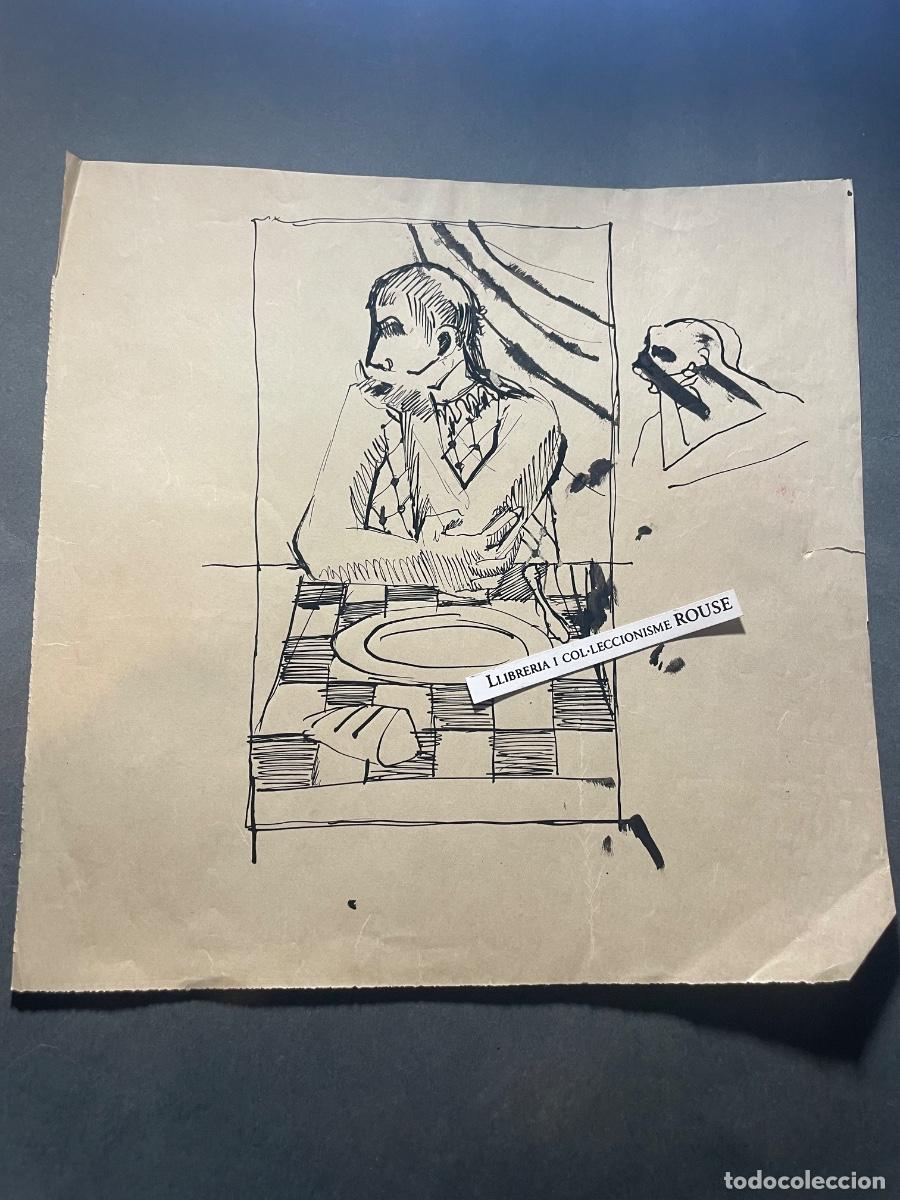 Arte: ANTIGUO DIBUJO A TINTA SOBRE PAPEL 1958 PERSONAJE FRENTE A PLATO - DESCONOCEMOS AUTOR