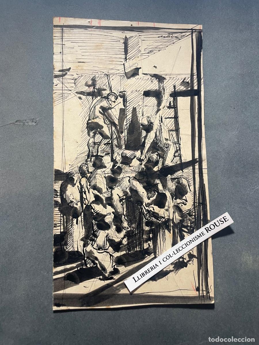 Arte: ANTIGUO DIBUJO APUNTE , DIBUJO A TINTA SOBRE PAPEL TEMA RELIGIOSO DESCENDIMIENTO DE LA CRUZ ,