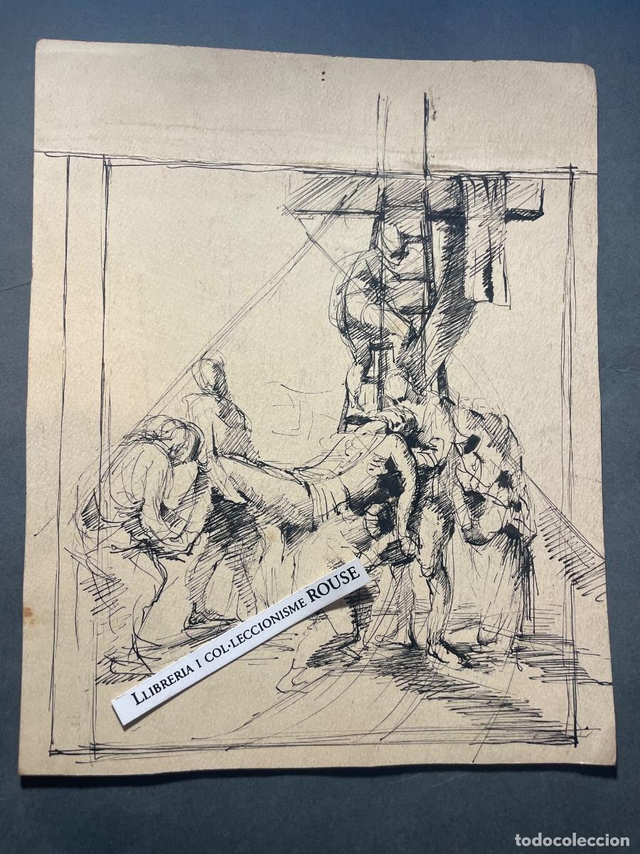 Arte: ANTIGUO DIBUJO APUNTE , DIBUJO A TINTA SOBRE PAPEL TEMA RELIGIOSO DESCENDIMIENTO DE LA CRUZ PARTE P