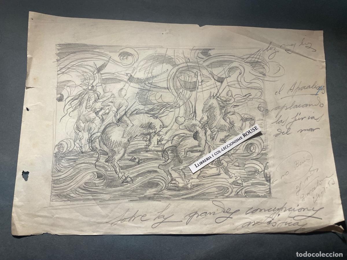 Arte: ANTIGUO DIBUJO APUNTE , DIBUJO A LAPIZ SOBRE PAPEL, TEMA PERSONAJES A CABALLO CON TEXTO 1953 PARTE
