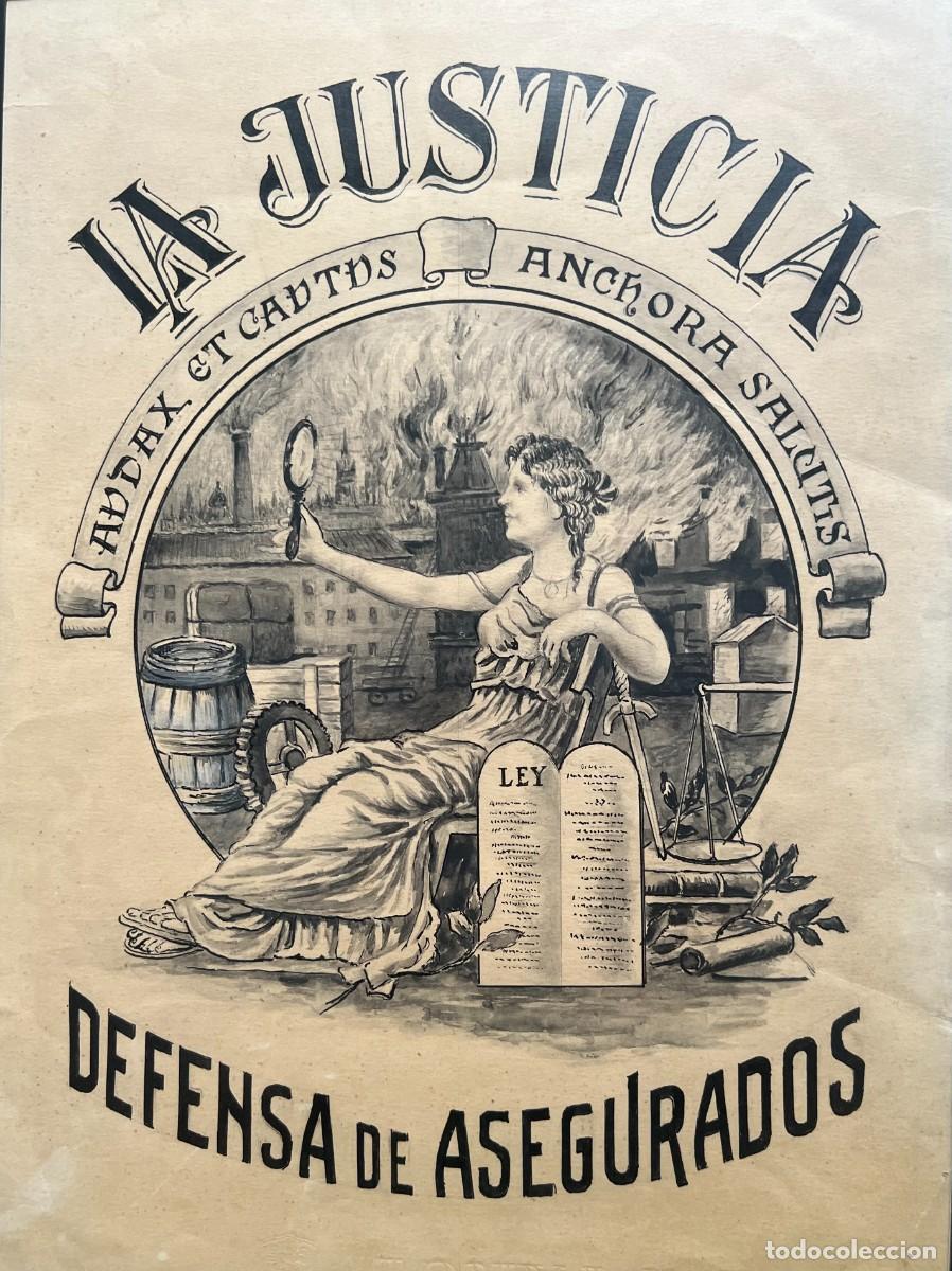 Arte: PROYECTO ORIGINAL A TINTA CHINA PARA COMPA&Ntilde;&Iacute;A ASEGURADORA &rdquo;LA JUSTICIA&rdquo; 1890-1920. MONTADO