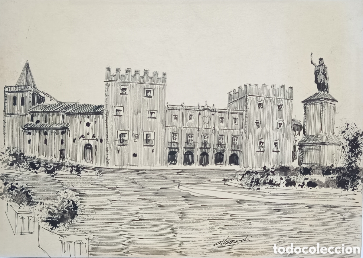 Arte: Dibujo plumilla Plaza del Marques Palacio Revillagigedo en Gij&oacute;n por Alberdi