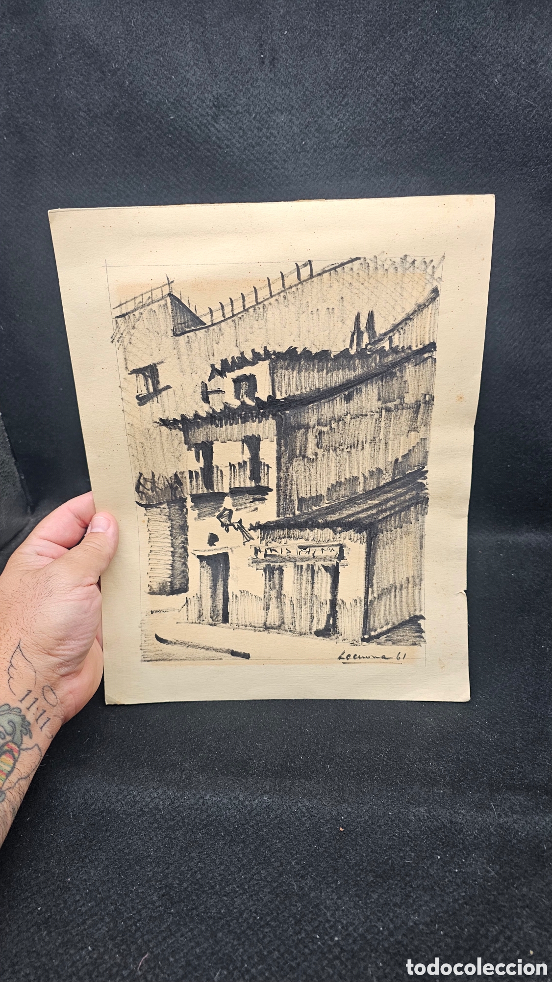 Arte: Dibujo a tinta escena arquitect&oacute;nica tradicional firmado Lecuona 61