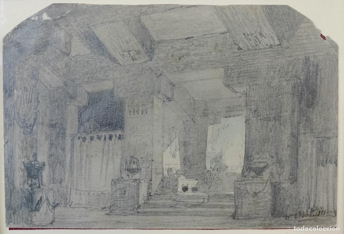 Arte: BOCETO DE DIORAMA TEATRAL. FRANCESC SOLER I ROVIROSA. L&Aacute;PIZ SOBRE PAPEL. ESPA&Ntilde;A. 1871