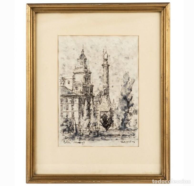 Arte: Cuadro Tinta Plaza Col&oacute;n Madrid 1947 Marco Vintage