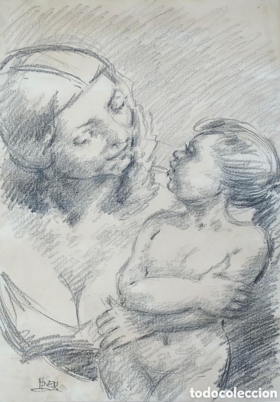 Arte: Josep Bover (1921-1996). Dibujo. Original. Enmarcado. Maternidad. Palma. Felanitx. Mallorca.