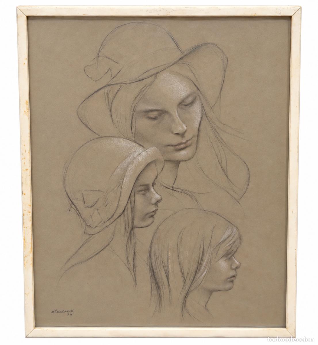 Arte: LLUIS GALLART GARCIA (Calella, 1922 - Barcelona, 1985) DIBUJO CARBON DEL A&Ntilde;O 1974. ROSTROS FEMENINOS