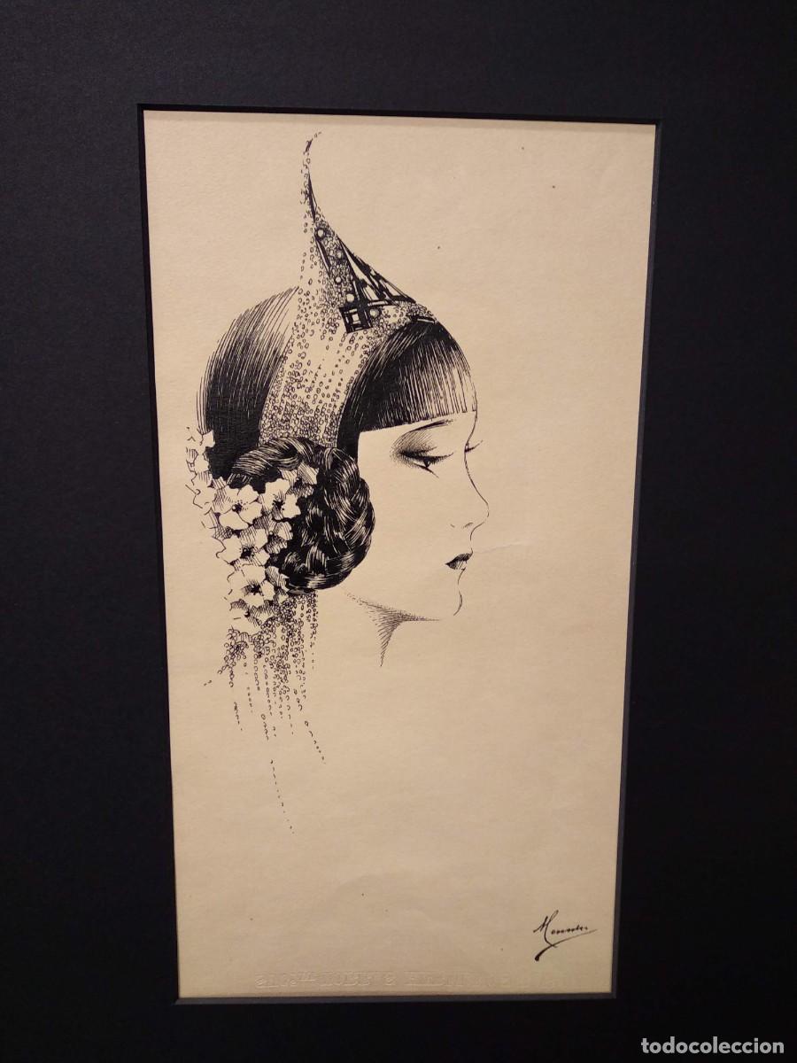 Arte: Cabeza de mujer estilo art deco, firmado por Mercedes. Cuadro.