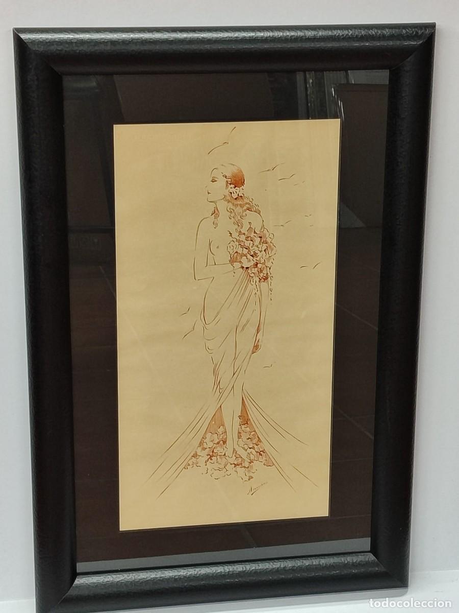 Arte: Dibujo de mujer estilo art deco, firmado por Mercedes. Cuadro.