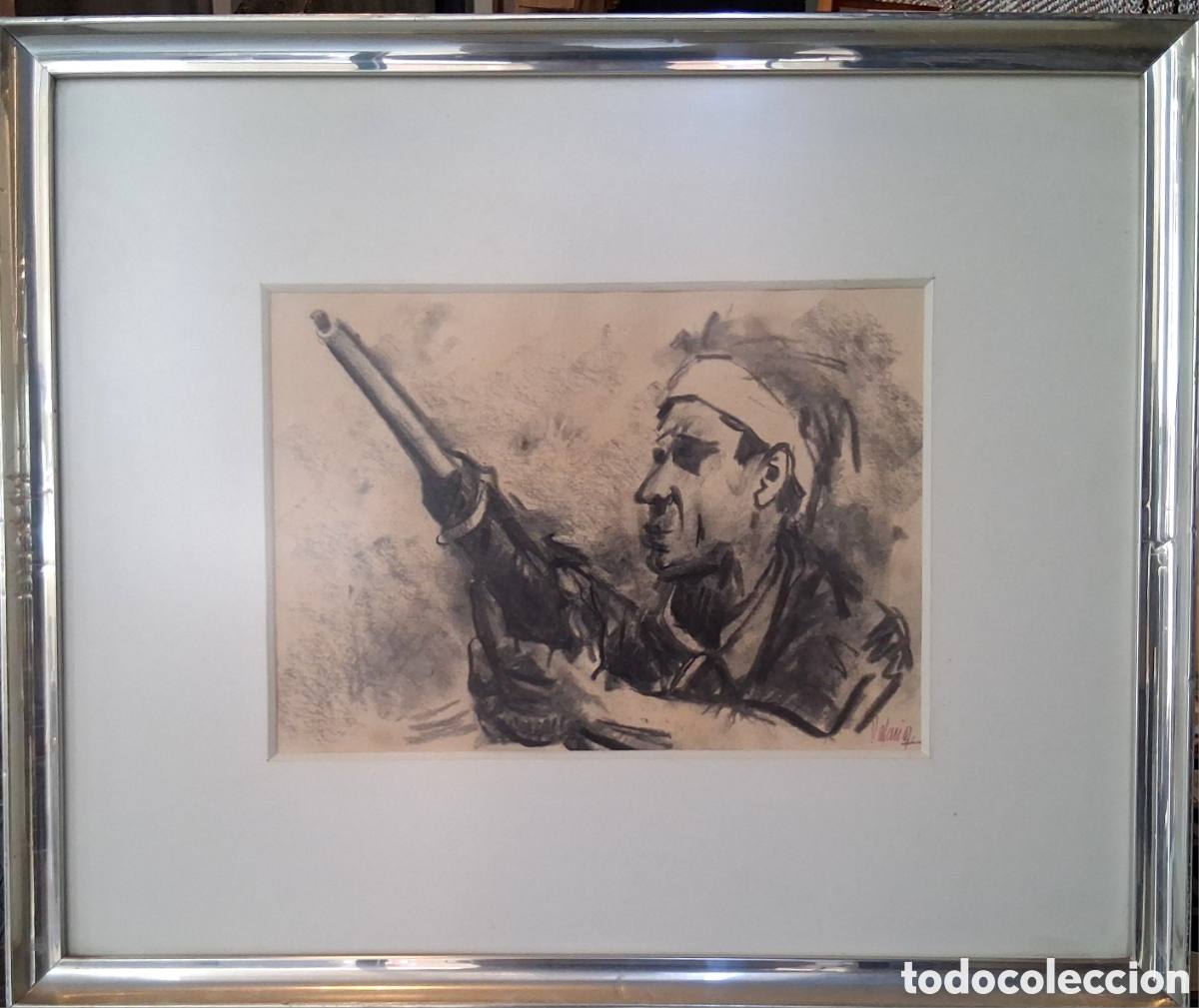 Arte: Francisco SEBASTI&Aacute; MAR&Eacute;S (VALENCIA 1920-1994) &rdquo;Miliciano&rdquo; carboncillo (21 x 30)