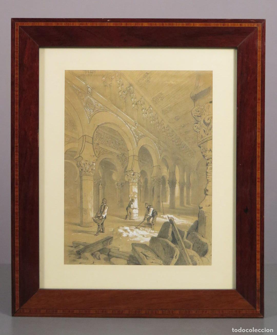 Arte: VISTA INTERIOR SANTA MARIA LA BLANCA. TOLEDO. TECNICA MIXTA S/ PAPEL. ALFRED GUESDON (1808-1876).