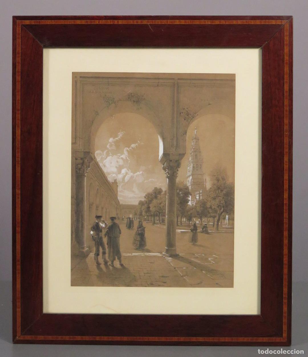 Arte: VISTA. CORDOBA. PATIO DE LOS NARANJOS. TECNICA MIXTA S/ PAPEL. ALFRED GUESDON (1808-1876)