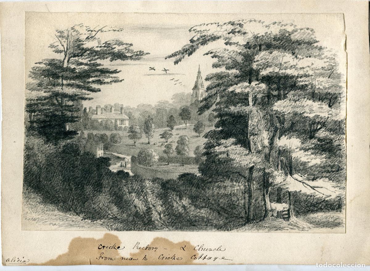 Art: Crick, iglesia y rector&iacute;a - Dibujo original a l&aacute;piz, escuela inglesa s. XIX
