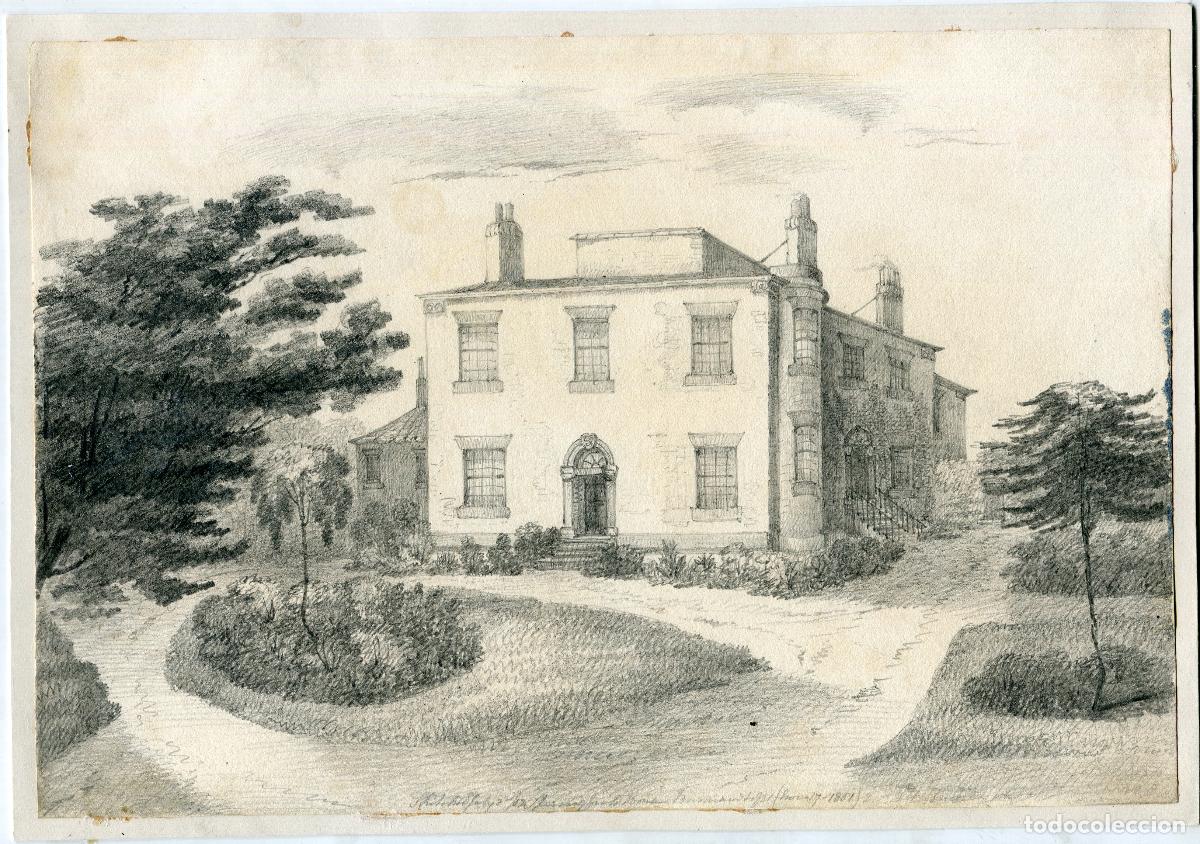 Art: Casa de campo inglesa - dibujo original antiguo a l&aacute;piz, fechado - 1851