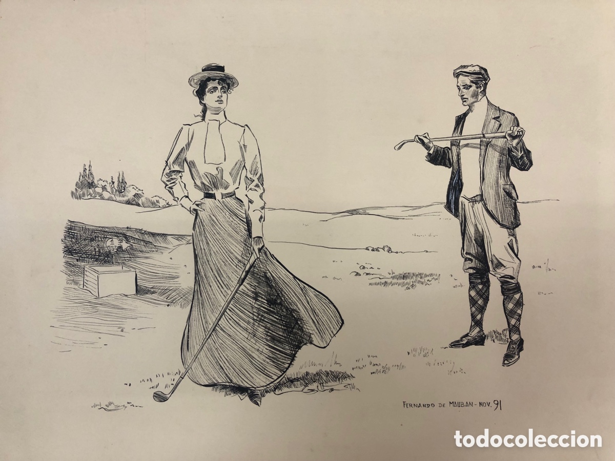 Arte: Original dibujo a tinta de Fernando de Mauban (1991) - Escena de golf