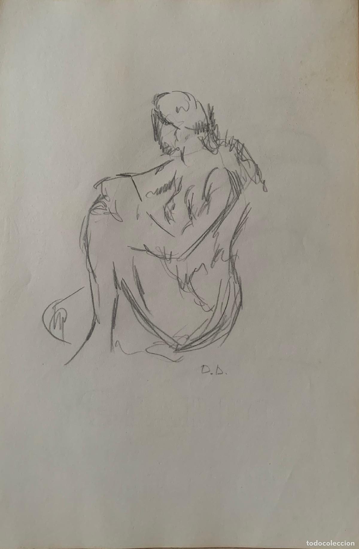 Arte: Desnudo femenino de espaldas - dibujo original a l&aacute;piz firmado D. A.