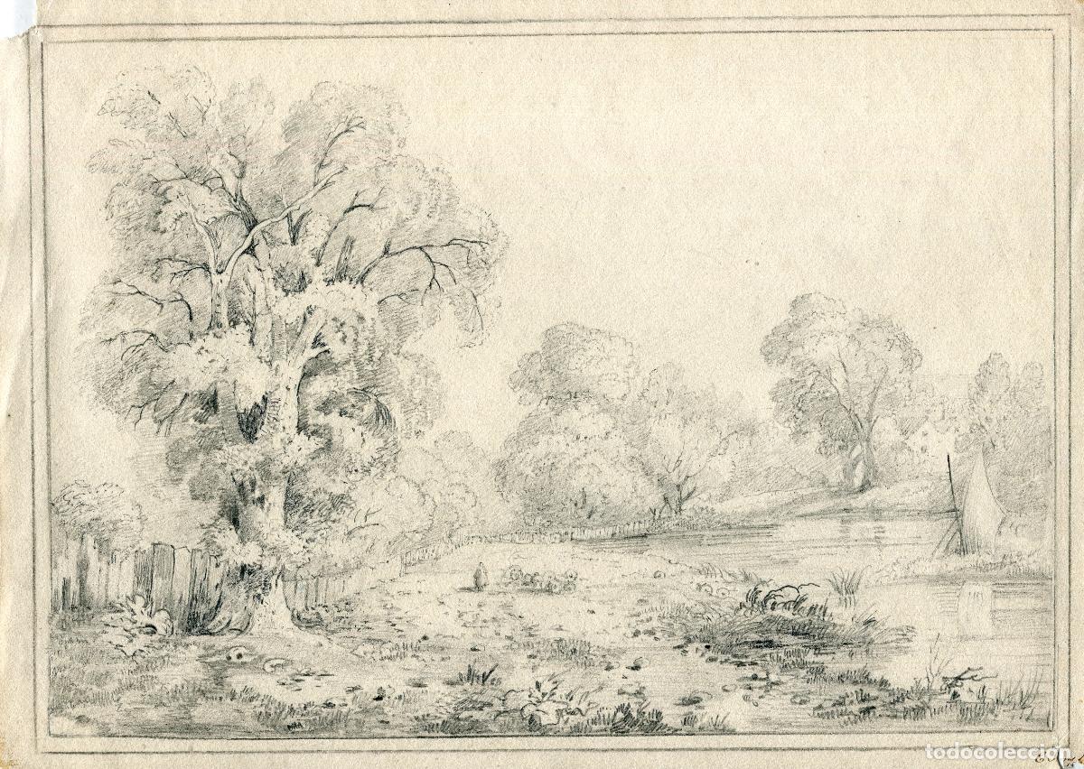 Arte: Paisaje fluvial con gran &aacute;rbol y velero - dibujo original a l&aacute;piz - s. XIX