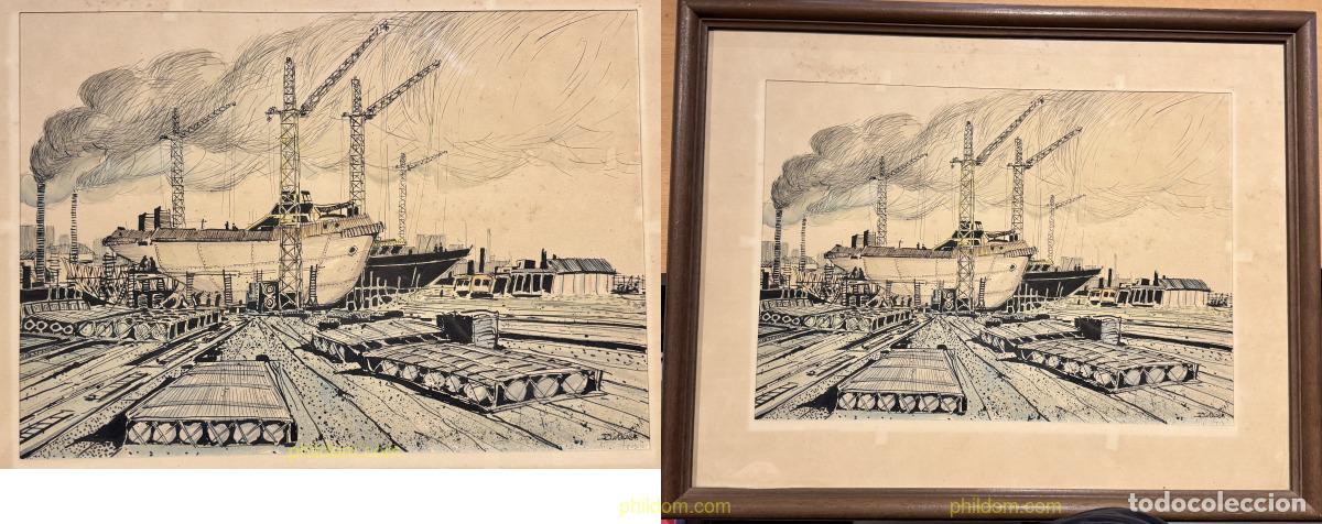 Arte: ANTIGUO DIBUJO A TINTA DEL PUERTO DE VALENCIA