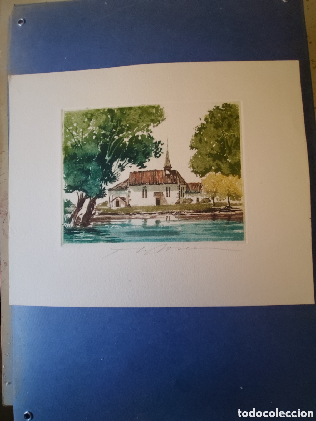 Arte: GRABADO COLOREADO DE UNA IGLESIA RURAL. H. SOREN
