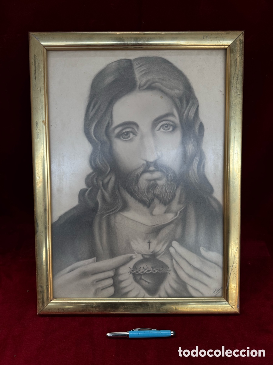 Art: Antiguo cuadro devocional,carboncillo,Corazon de Jesus,firmado!