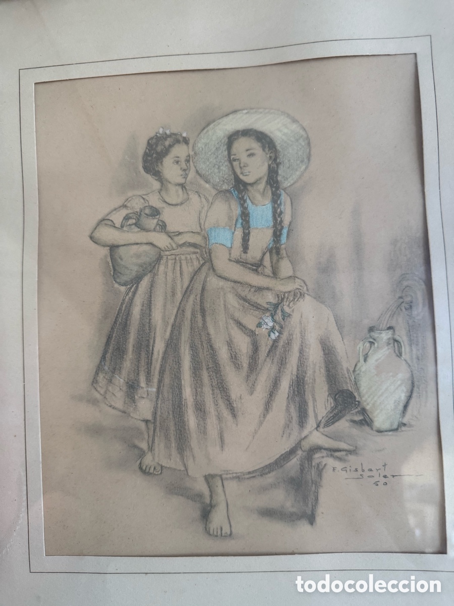 Arte: Precioso dibujo de Gisbert Federico Soler,1952,Ni&ntilde;as en la fuente!