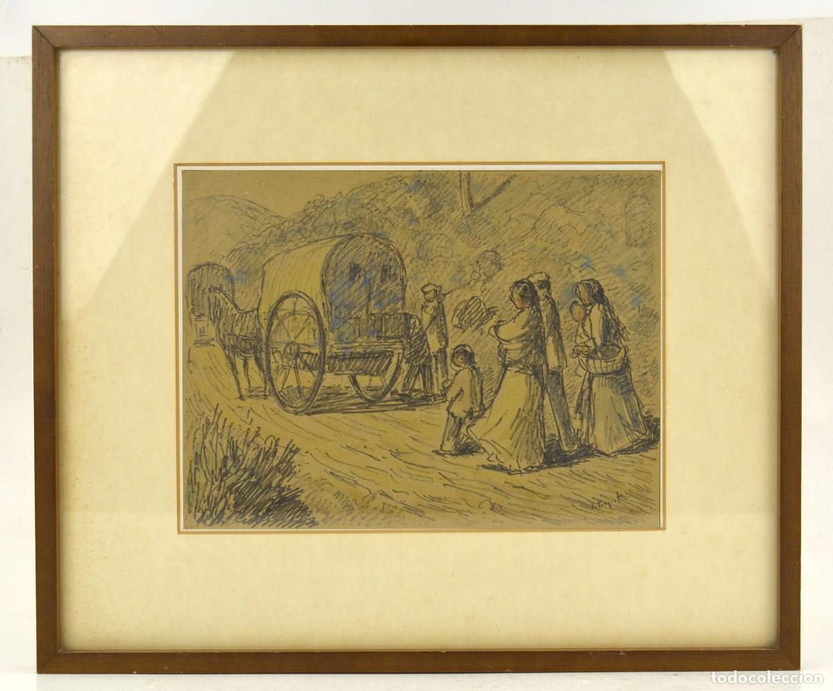 Arte: Sebasti&agrave; Congost Pla, escena rural con figuras y carro, dibujo a l&aacute;piz y acuarela, firmado.