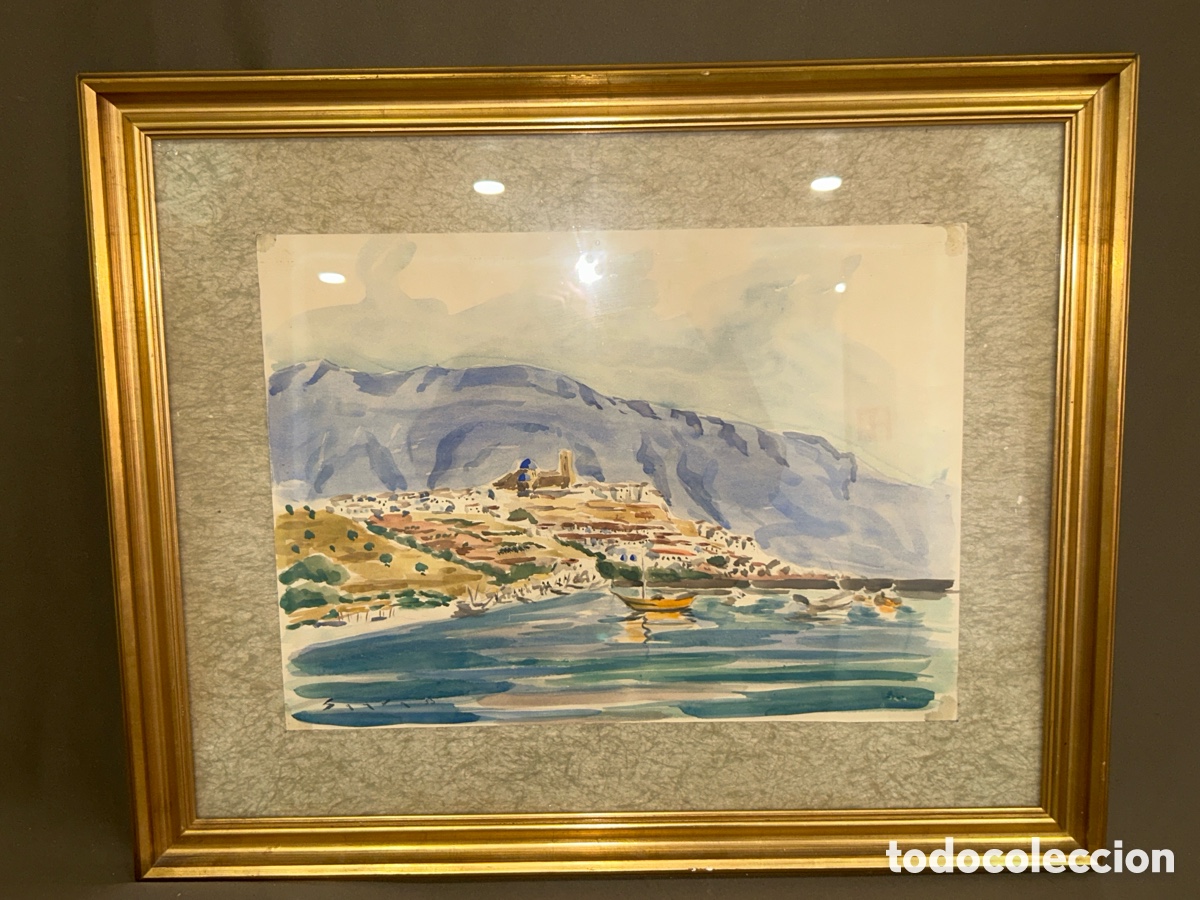 Arte: ACUARELA DE PAISAJE COSTERO CON PUEBLO MEDITERR&Aacute;NEO Y MONTA&Ntilde;AS-*ALTEA* &ndash; SAURA