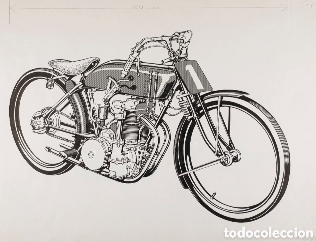 Arte: Carlo DEMAND (1921-2000) Peugeot 500cc Grand-Prix 1923 - Rotulador negro y collage sobre papel 35x60