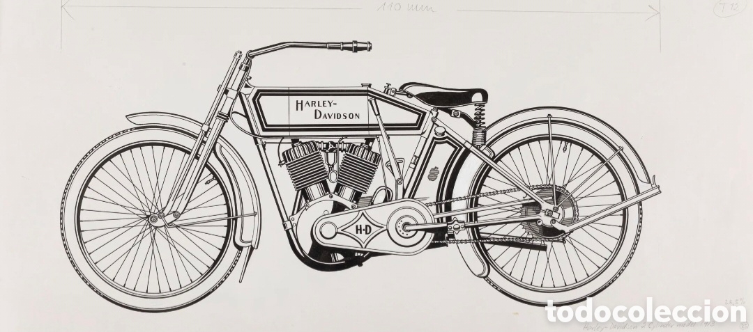 Art: Carlo DEMAND (1921-2000) Harley-Davidson 1913 - Rotulador negro y collage sobre papel 60 x 26,5 cms