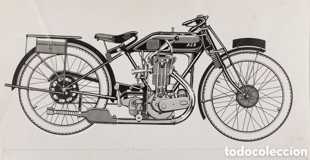 Arte: Carlo DEMAND (1921-2000) AJS - E6 Tourer 1924 - Rotulador negro y collage sobre papel 32 x 61,5 cms