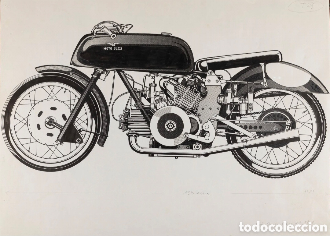 Arte: Carlo DEMAND (1921-2000) Moto Guzzi 500 cc de 1949 - Rotulador negro y collage sobre papel 45 x 61cm