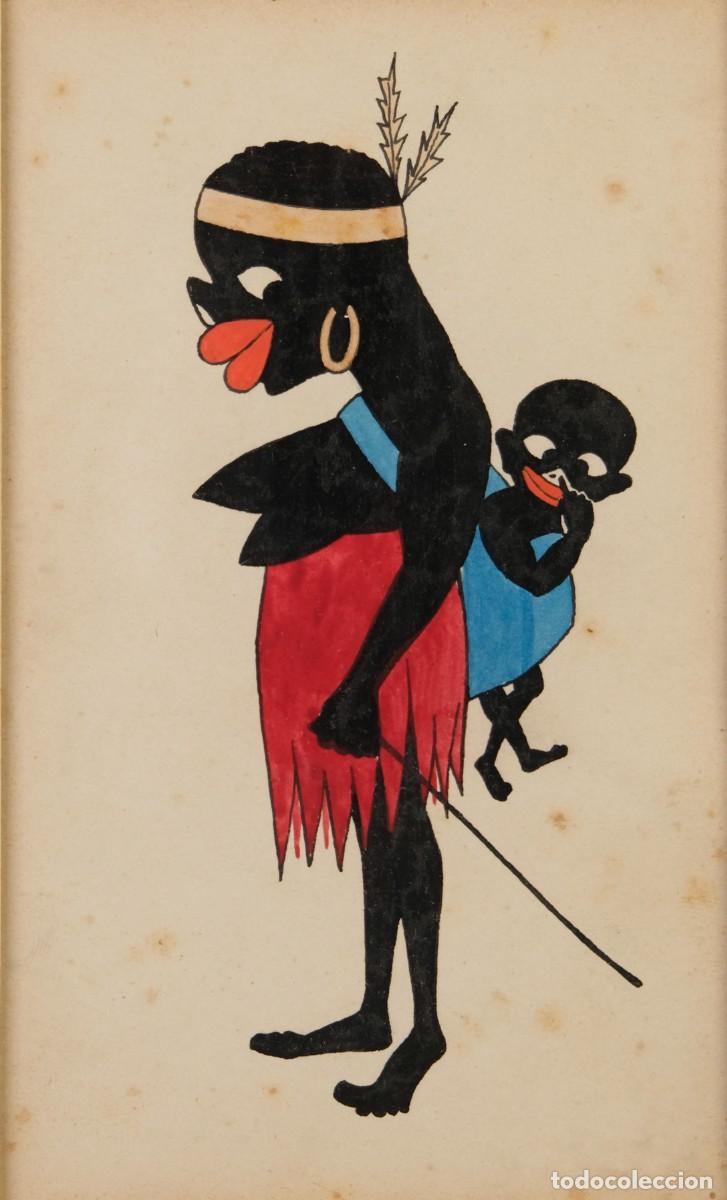 Arte: LLUIS ROIG ENSE&Ntilde;AT (BARCELONA, 1870-1949) Dibujo a tinta sobre papel &rdquo;madre e hijo africano&rdquo; Firmado