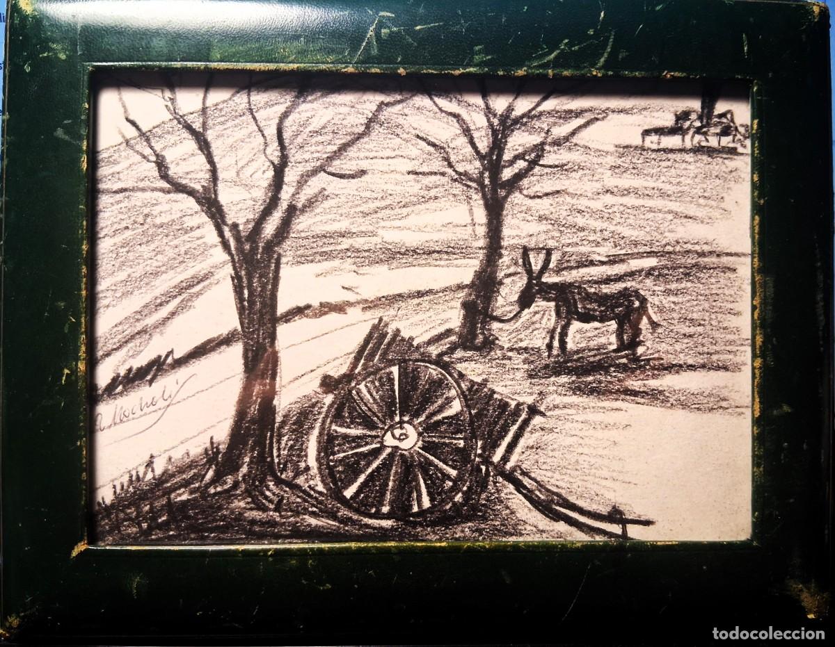 Arte: Rafael Mochol&iacute; Soto (Valencia, 1930 - 2024) &rdquo;Burrito y carreta&rdquo; carboncillo (12,5 x 17,5)