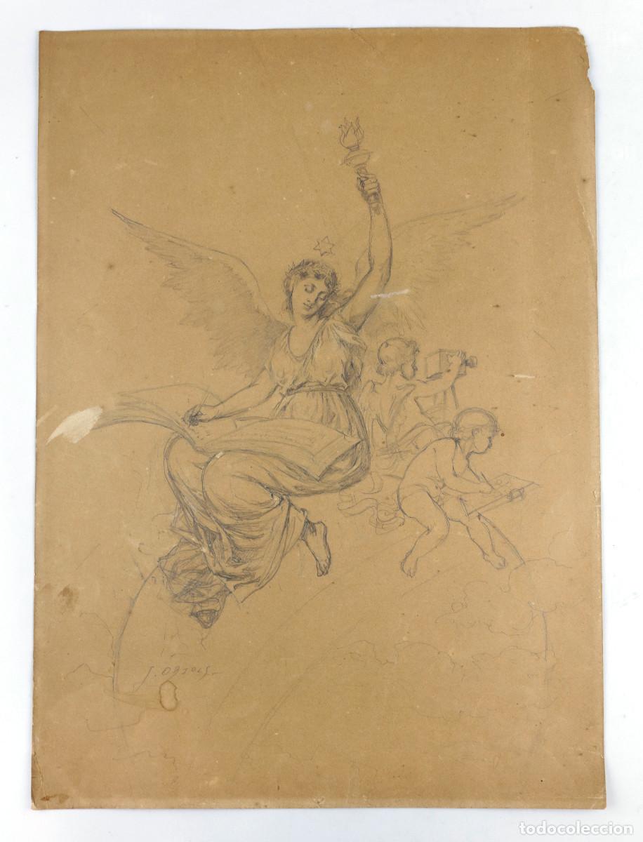 Arte: Josep Obiols (Barcleona 1894-1967) Dibujo a l&aacute;piz, alegor&iacute;a de las artes. 40x29cm.