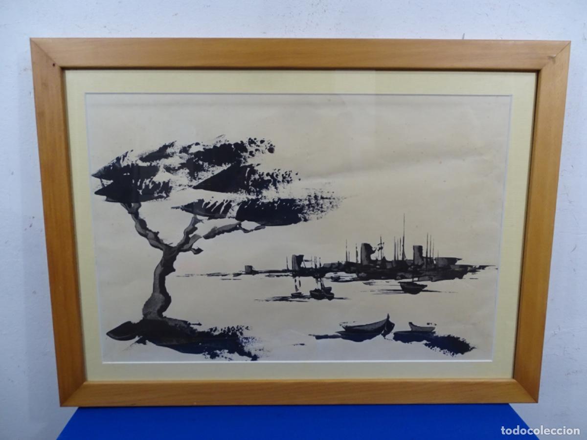 Arte: GRAN DIBUJO TINTA ANONIMO. PAISAJE PLAYA Y BARCAS. BIEN ENMARCADO.
