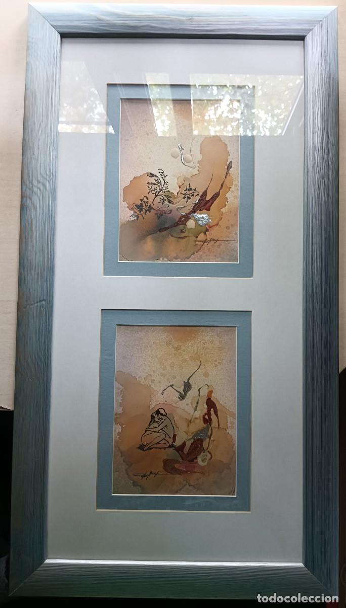Arte: 2 dibujos firmados desconocido. 2 obras 19x14 enmarcadas juntas 67x36cms. Buen estado. El paspart&uacute; d