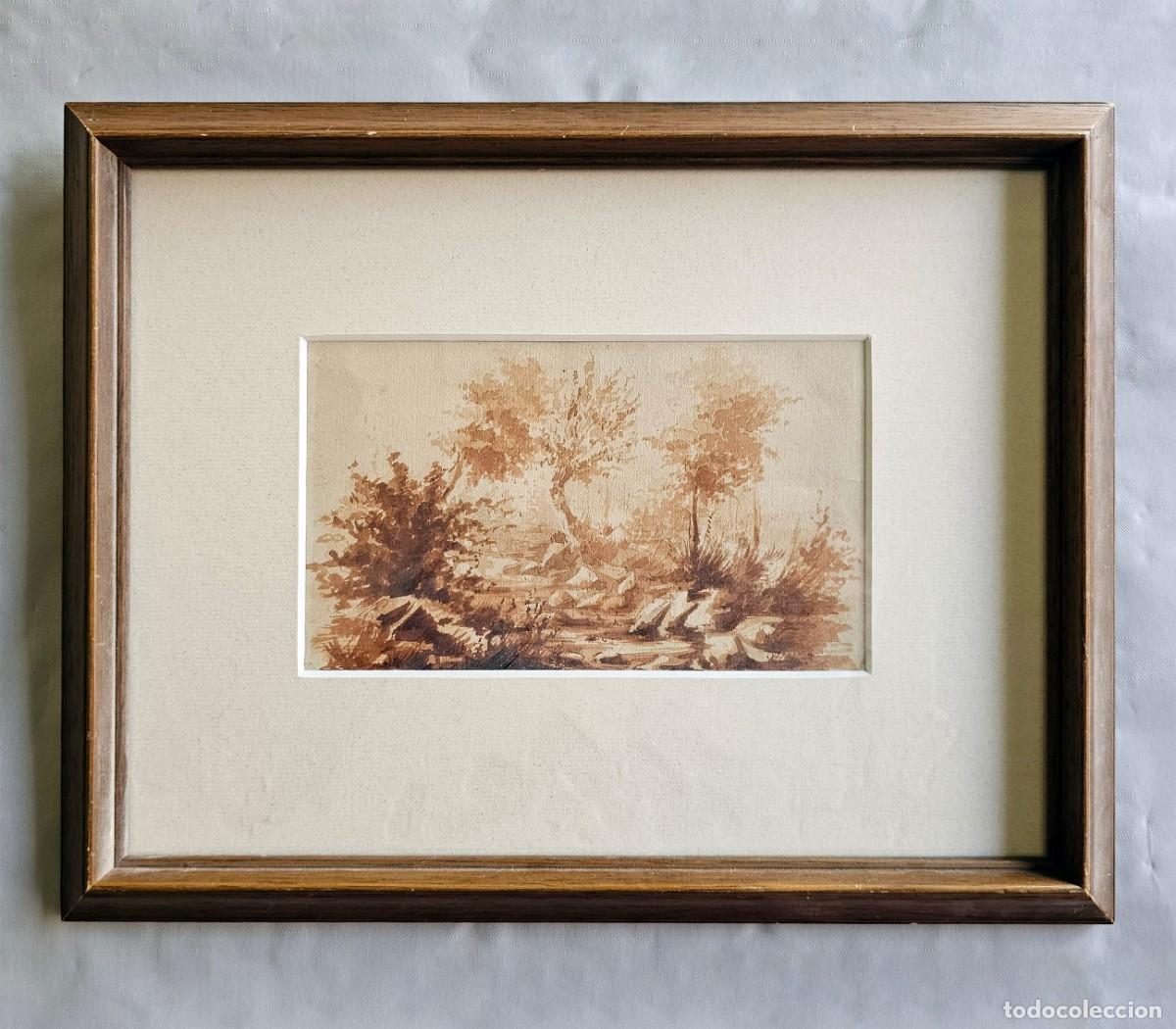Arte: Antiguo Dibujo a la Aguada Sepia - Paisaje Rom&aacute;ntico - Escuela Catalana / Siglo XIX - Enmarcado
