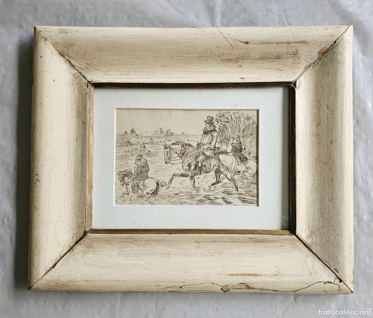 Arte: Dibujo Antiguo Original a Tinta Escena Ecuestre Siglo XIX &ndash; Enmarcado R&uacute;stico Decap&eacute;