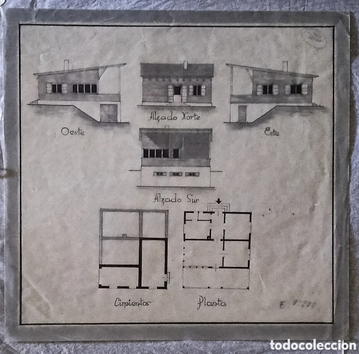 Arte: DIBUJO T&Eacute;CNICO (Tinta) / *PROYECTO DE CASA* (Plano. Escala: 1: 200). AUT.: HUMBERTO PUEYO. Zaragoza