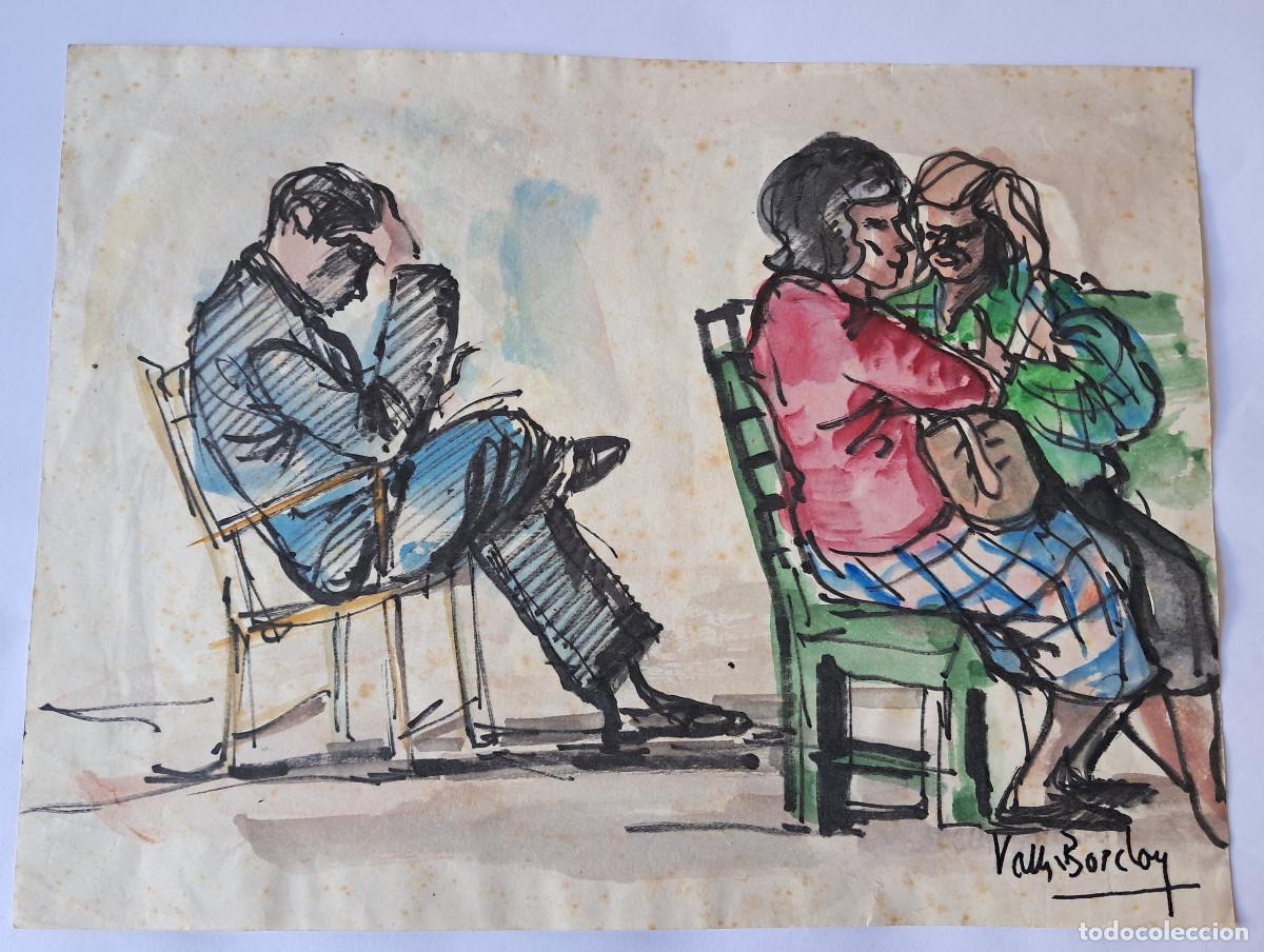 Arte: Acuarela de Antoni Valls Bordoy (Palma de Mallora 1912-1980) m&aacute;s Folleto de mano exposici&oacute;n 1954.
