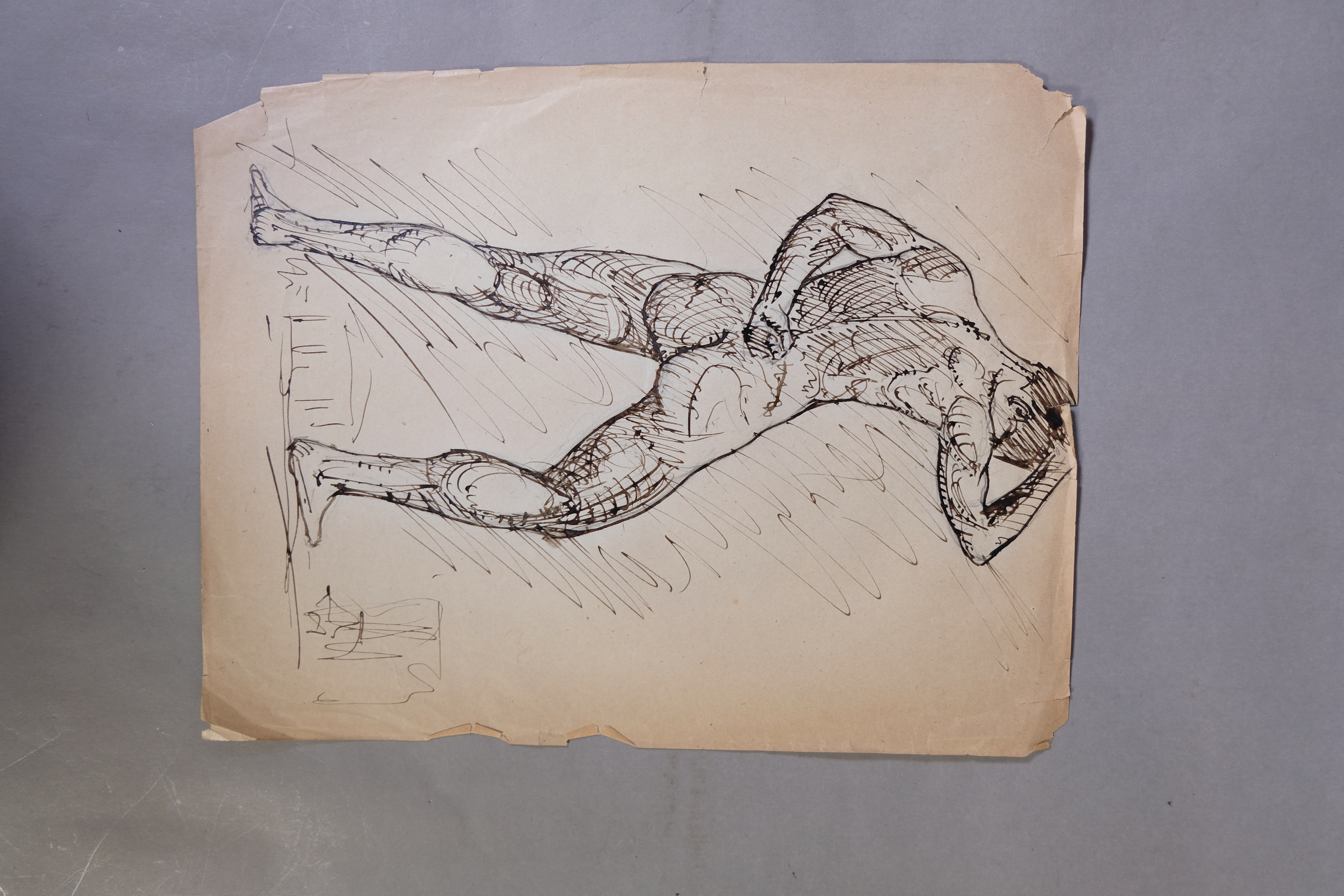 Arte: Desnudo masculino de espaldas, dibujo a plumilla y tinta - An&oacute;nimo, s. XX