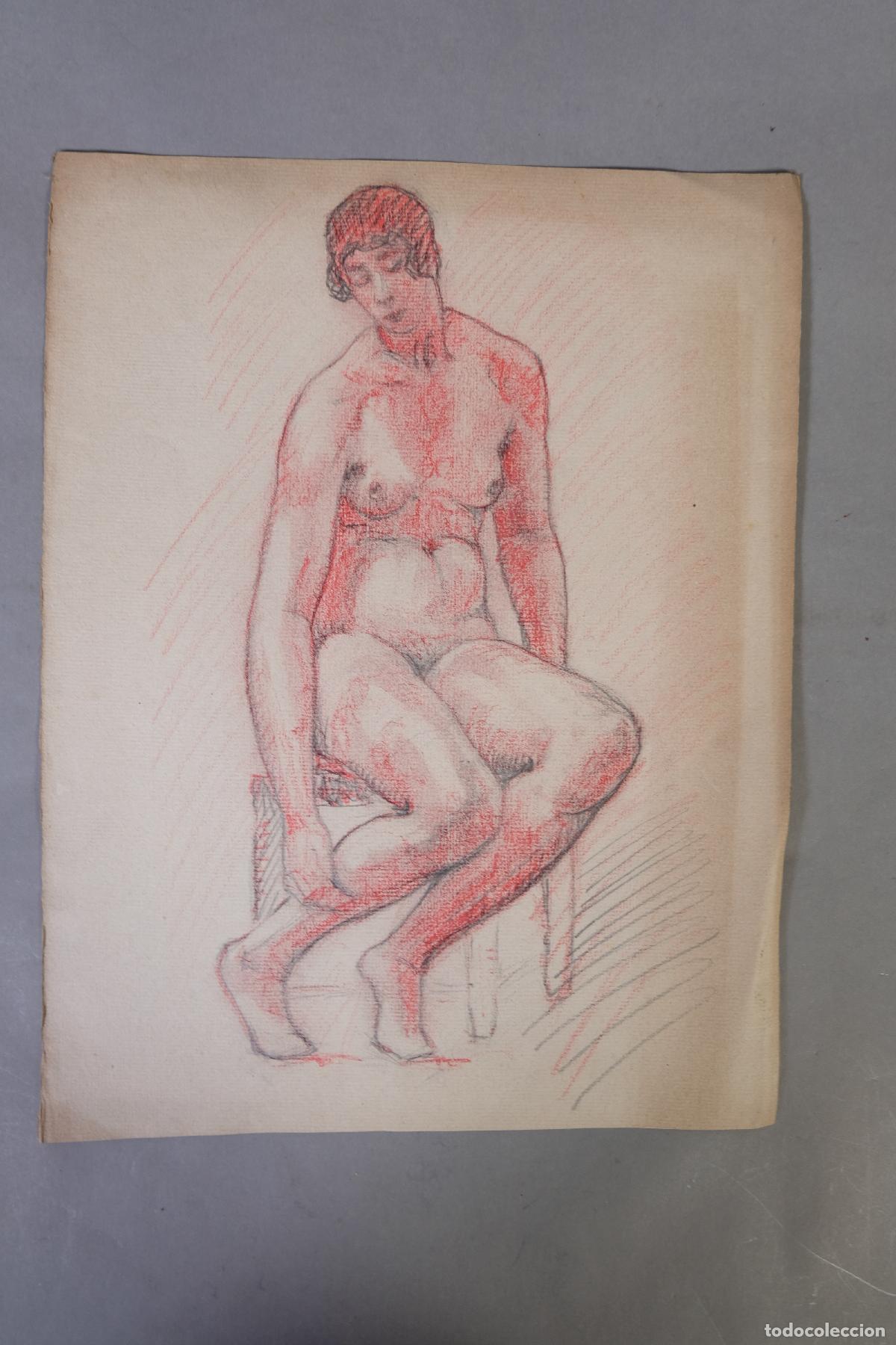 Art: Desnudo femenino sentado, dibujo a sanguina y l&aacute;piz - An&oacute;nimo siglo XX