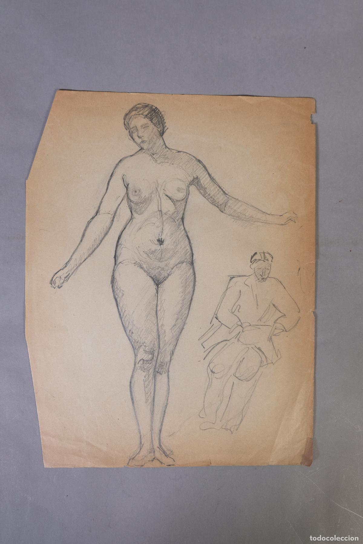 Art: Desnudo femenino de pie con boceto de figura sentada, dibujo a l&aacute;piz - An&oacute;nimo siglo XX