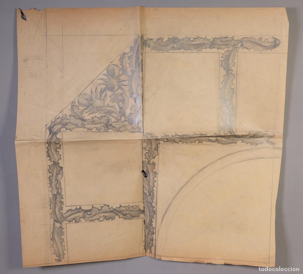 Arte: Dise&ntilde;o ornamental modernista con hojas de acebo y cardos, dibujo a l&aacute;piz - An&oacute;nimo, h. 1900