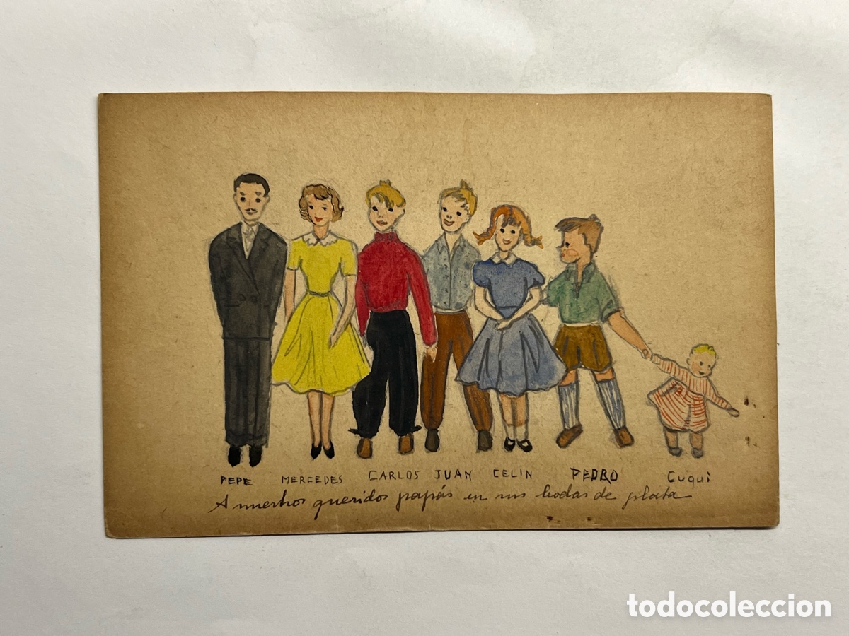 Arte: DIBUJO INFANTIL.. de cuando las familias eran numerosas.. por las Bodas de Plata (h.1950?)