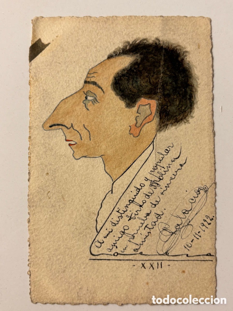 Arte: Caricatura original en tarjeta con aut&oacute;grafo de palacios 1922