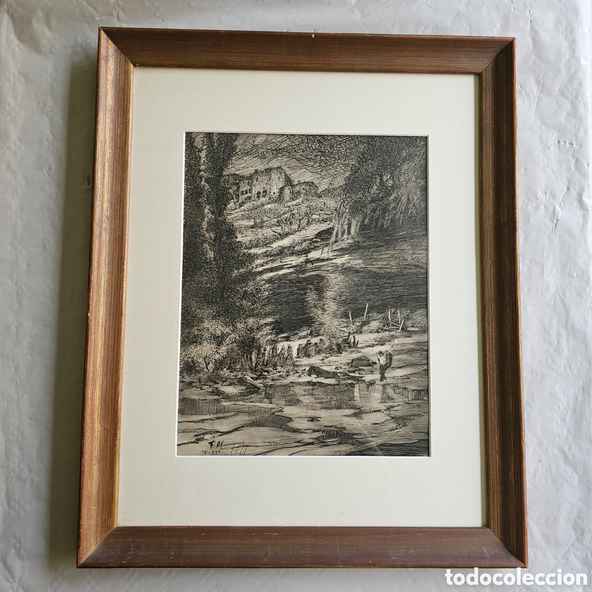 Arte: Dibujo original a pluma en papel, grande, buena calidad, antiguo, buena enmarcacion.