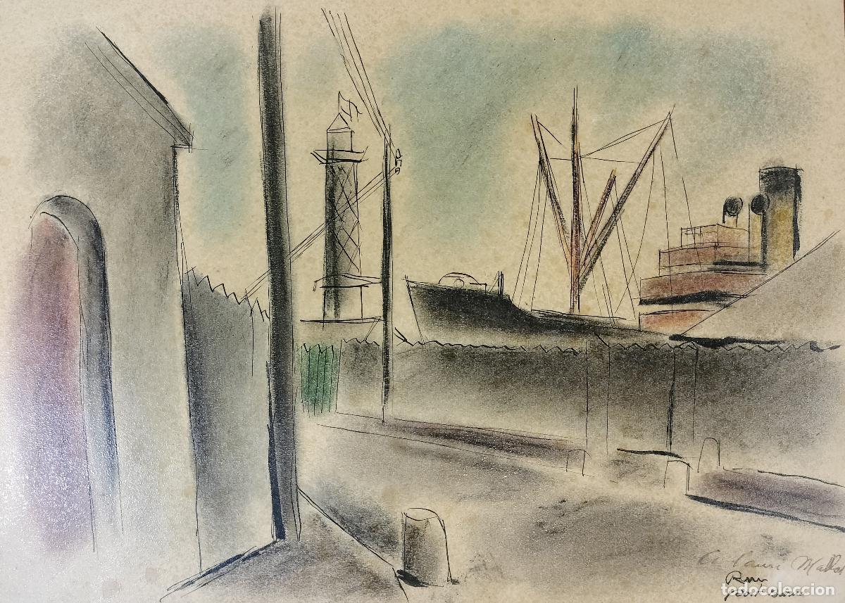 Arte: VISTA DEL PUERTO DE BARCELONA. FIRMADO RIU. T&Eacute;CNICA MIXTA SOBRE PAPEL. ESPA&Ntilde;A. SIGLO XX.