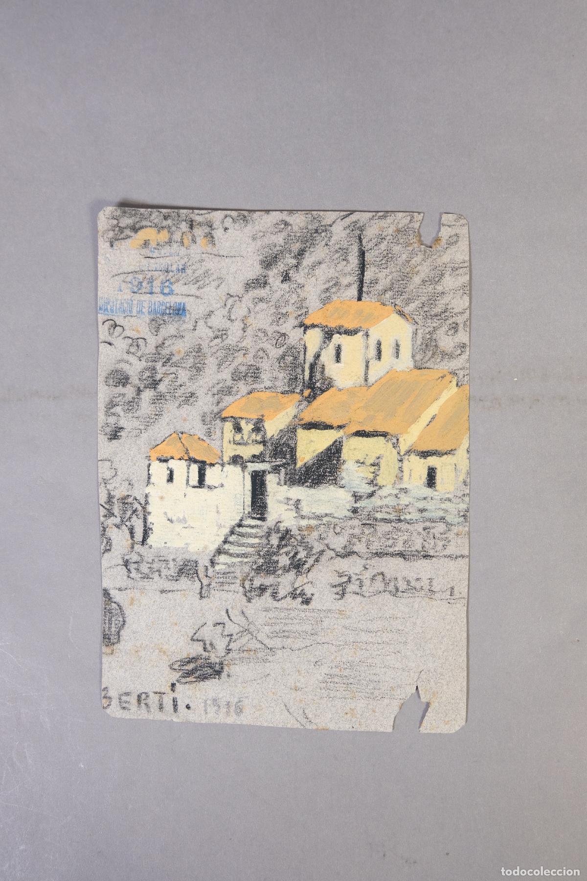 Arte: Dibujo al carboncillo y gouche Vista casas firmado Berti 1916
