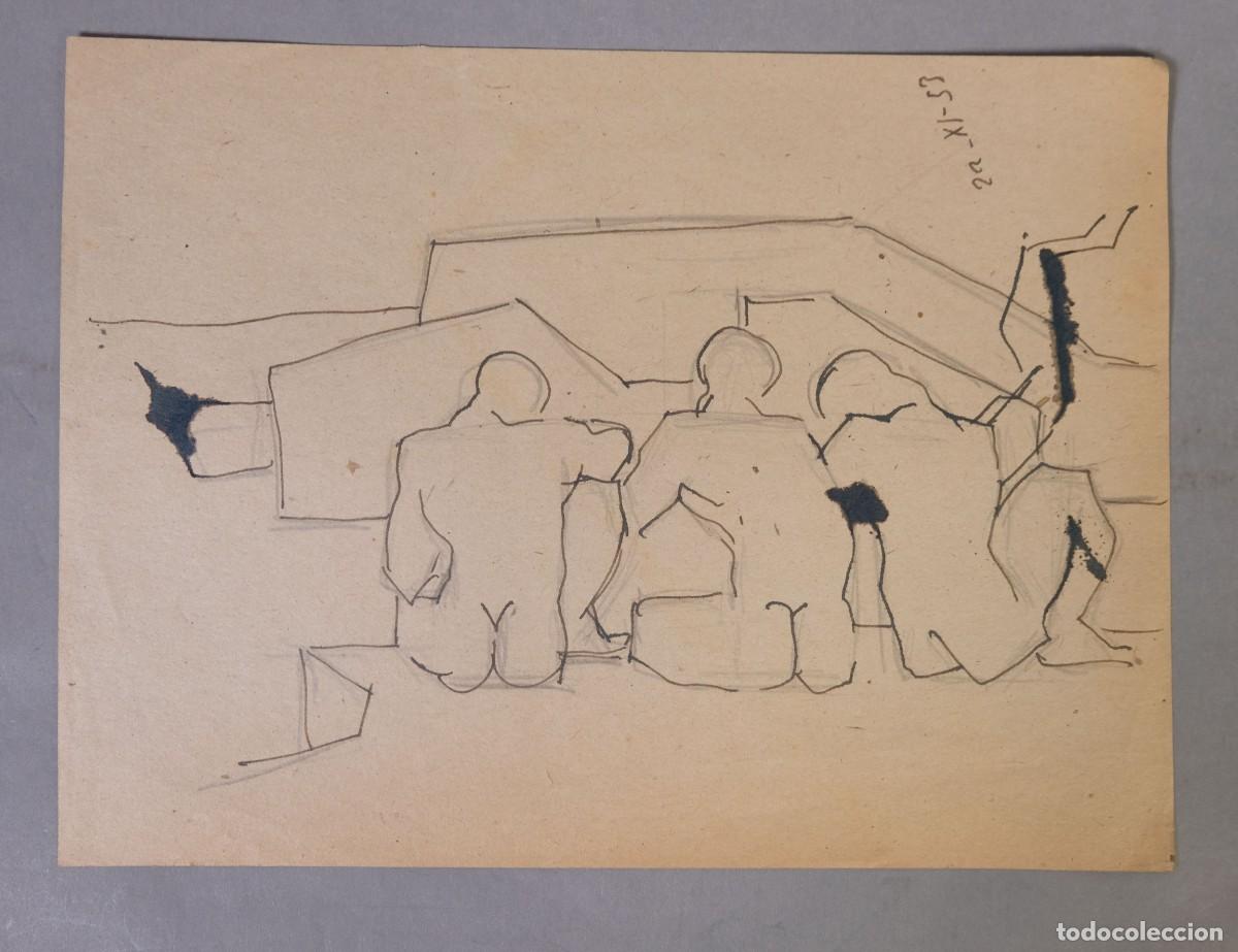 Arte: Dibujo hecho con rotulador Figuras de desnudos masculinos fechado en 1953